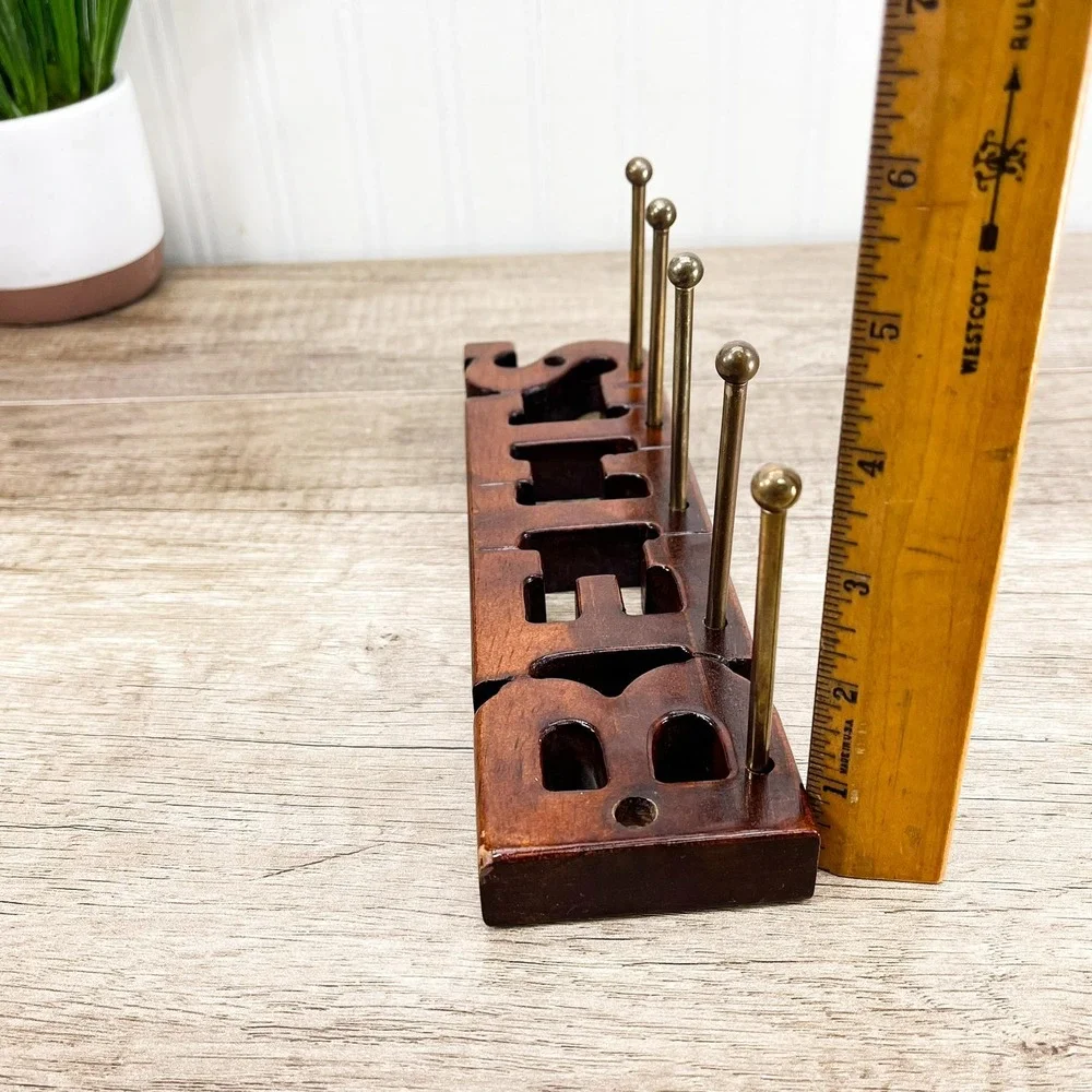 Vintage Wooden Belt Rack:‎ 5 Brass Pegs